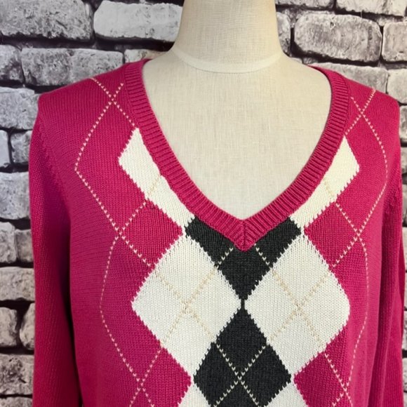 Izod Pink, White & Gray V-Neck Long Sleeve Argyle Front Pullover Sweater Size XL - Picture 2 of 9